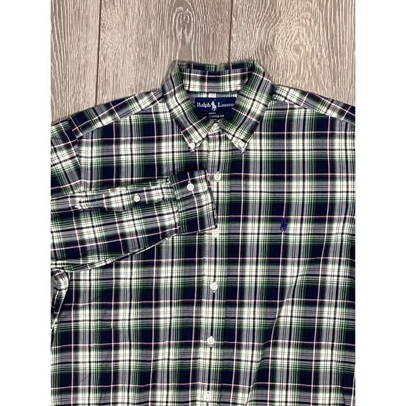 Ralph Lauren Shirt Men Medium Green Long Sleeve Button Plaid‎ Blue Classic Fit - Picture 1 of 6
